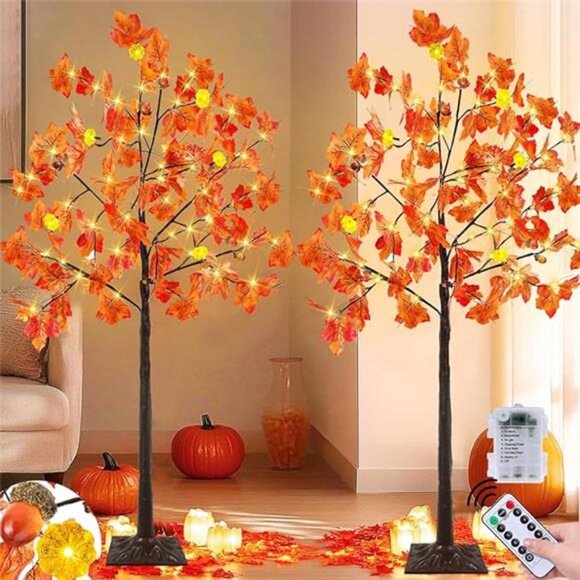 2 Pack 4 Ft Prelit Lighted Fall Maple Tree Halloween Fall Decorations - Picture 7 of 7